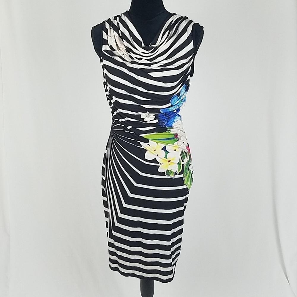Desigual women S bodycon dress ruched sleeveless striped floral art to wear